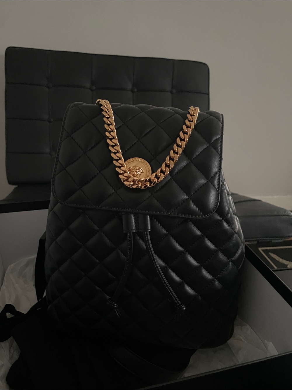 Versace Black Quilted Leather Backpack with Gold Medallion Chain NIBox